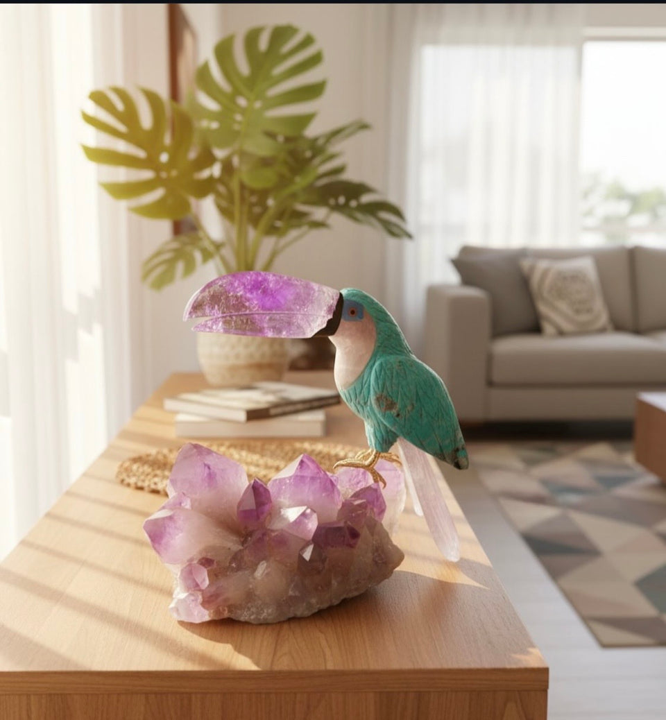 Amazonite Toucan on Amethyst Points — 25cm