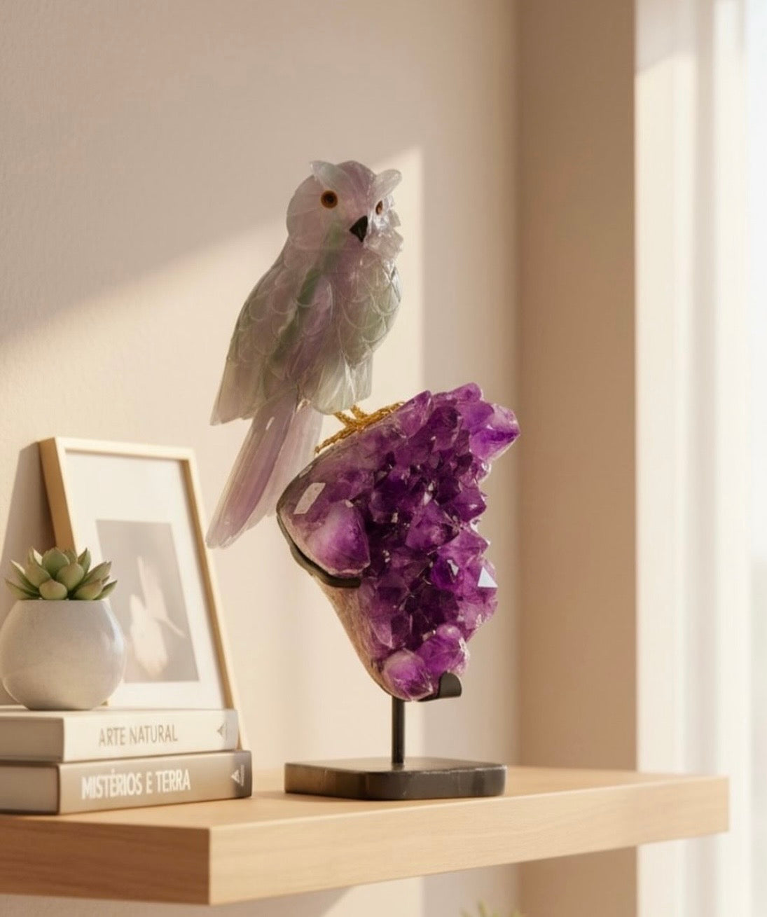 Fluorite Owl on Amethyst — 45cm
