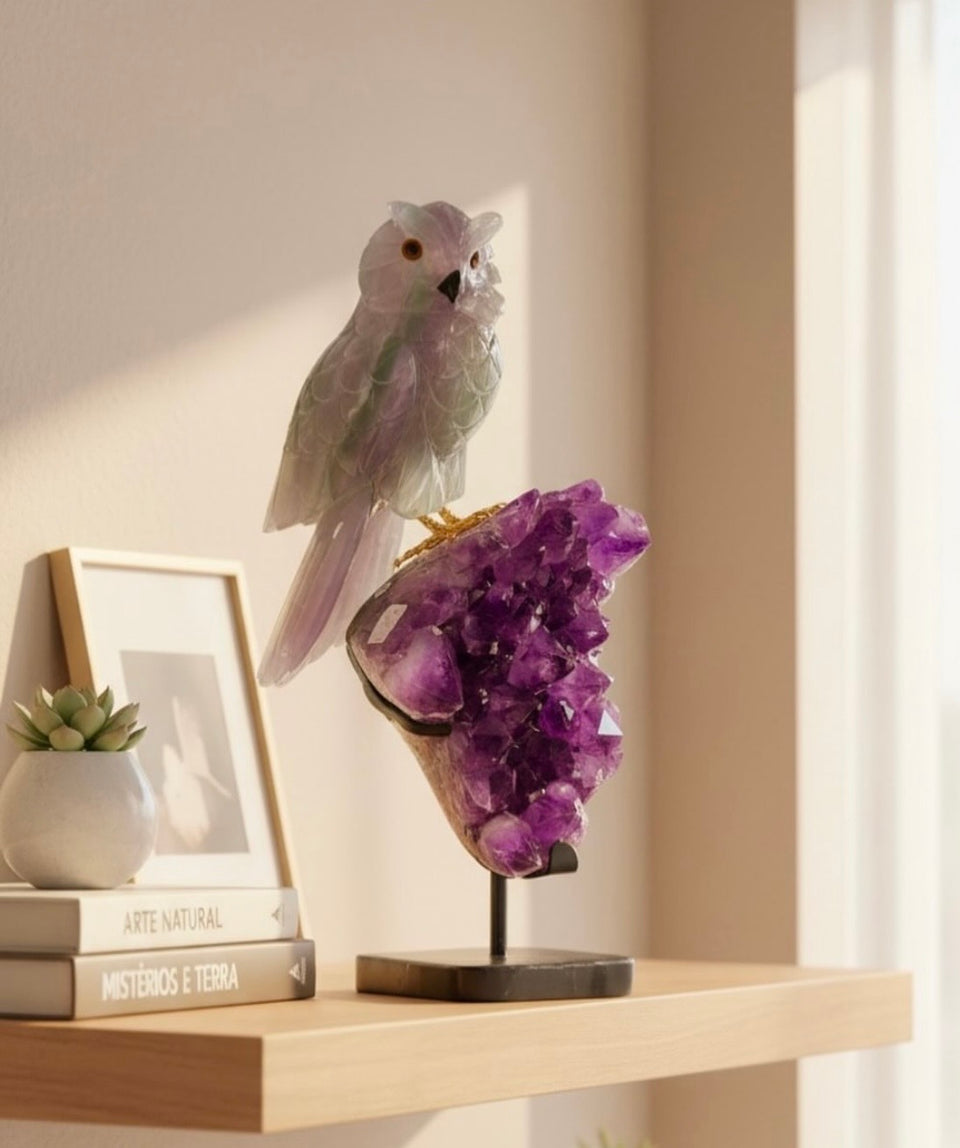 Fluorite Owl on Amethyst — 45cm