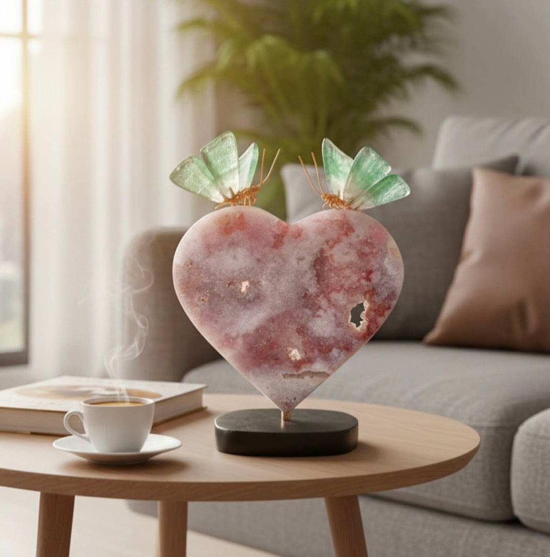 Green Butterflies on Rose Quartz Heart — 10cm