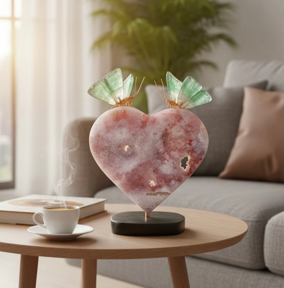 Green Butterflies on Rose Quartz Heart — 10cm