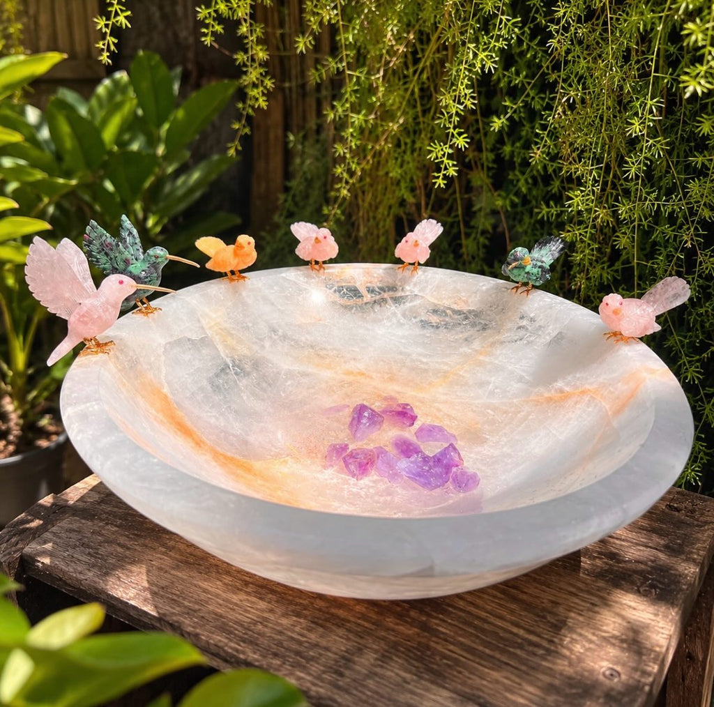 Hummingbirds on Clear Quartz Bowl — Crystal Carving