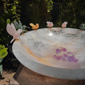 Hummingbirds on Clear Quartz Bowl — Crystal Carving