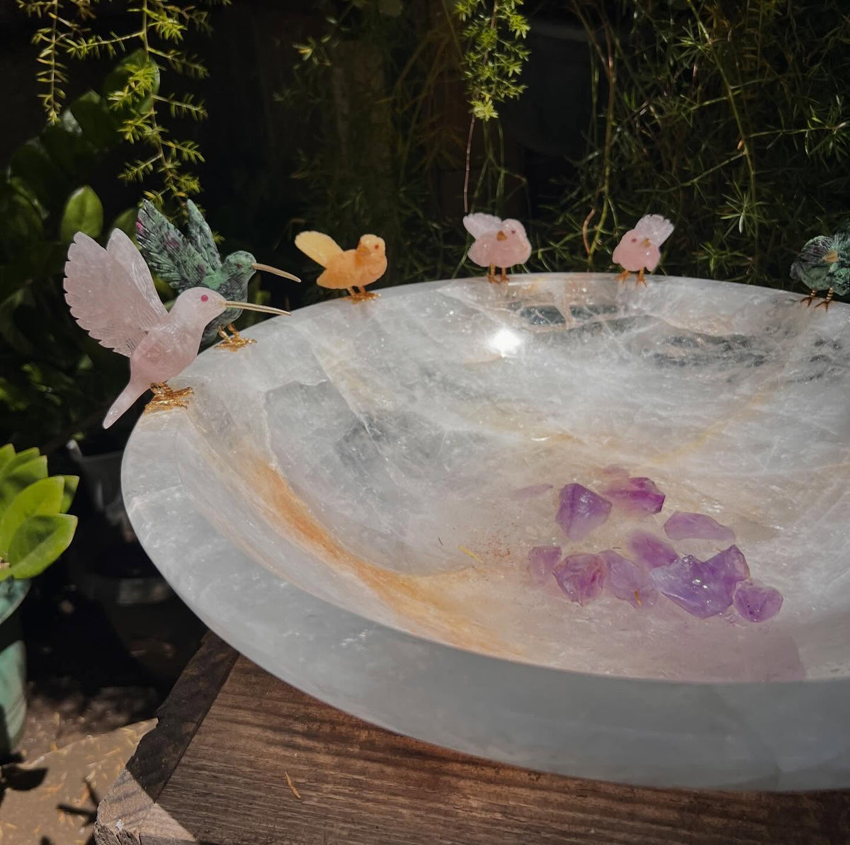 Hummingbirds on Clear Quartz Bowl — Crystal Carving