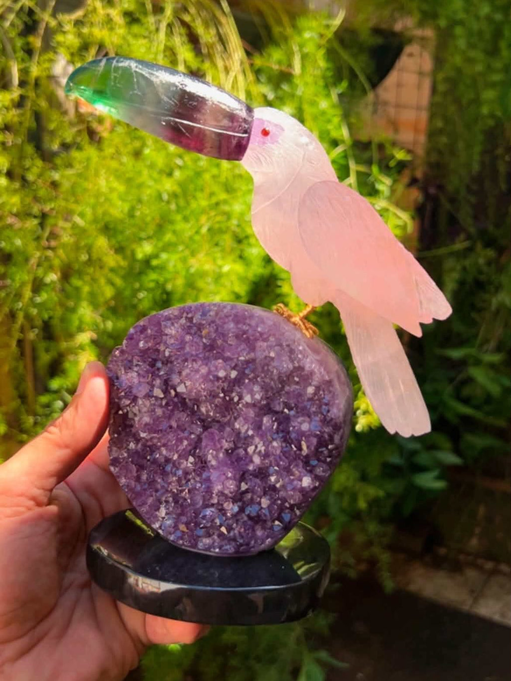 Rose Quartz Toucan with Fluorite Beak — Crystal Carving