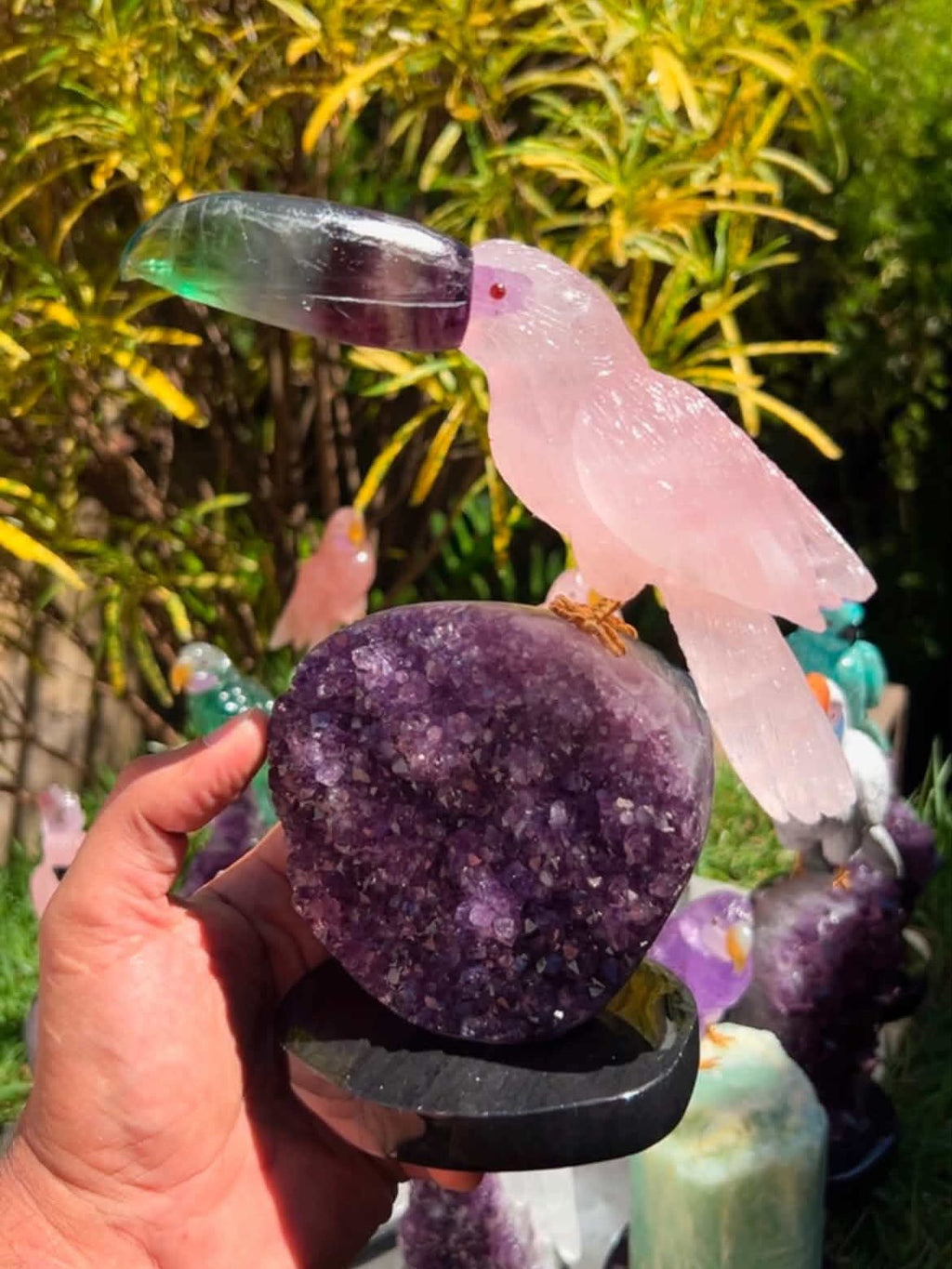Rose Quartz Toucan with Fluorite Beak — Crystal Carving