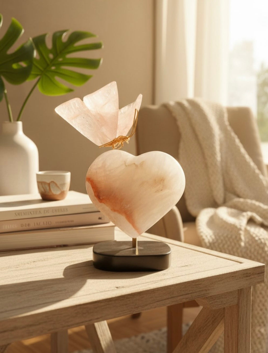 Rose Quartz Butterfly on Heart — 10cm