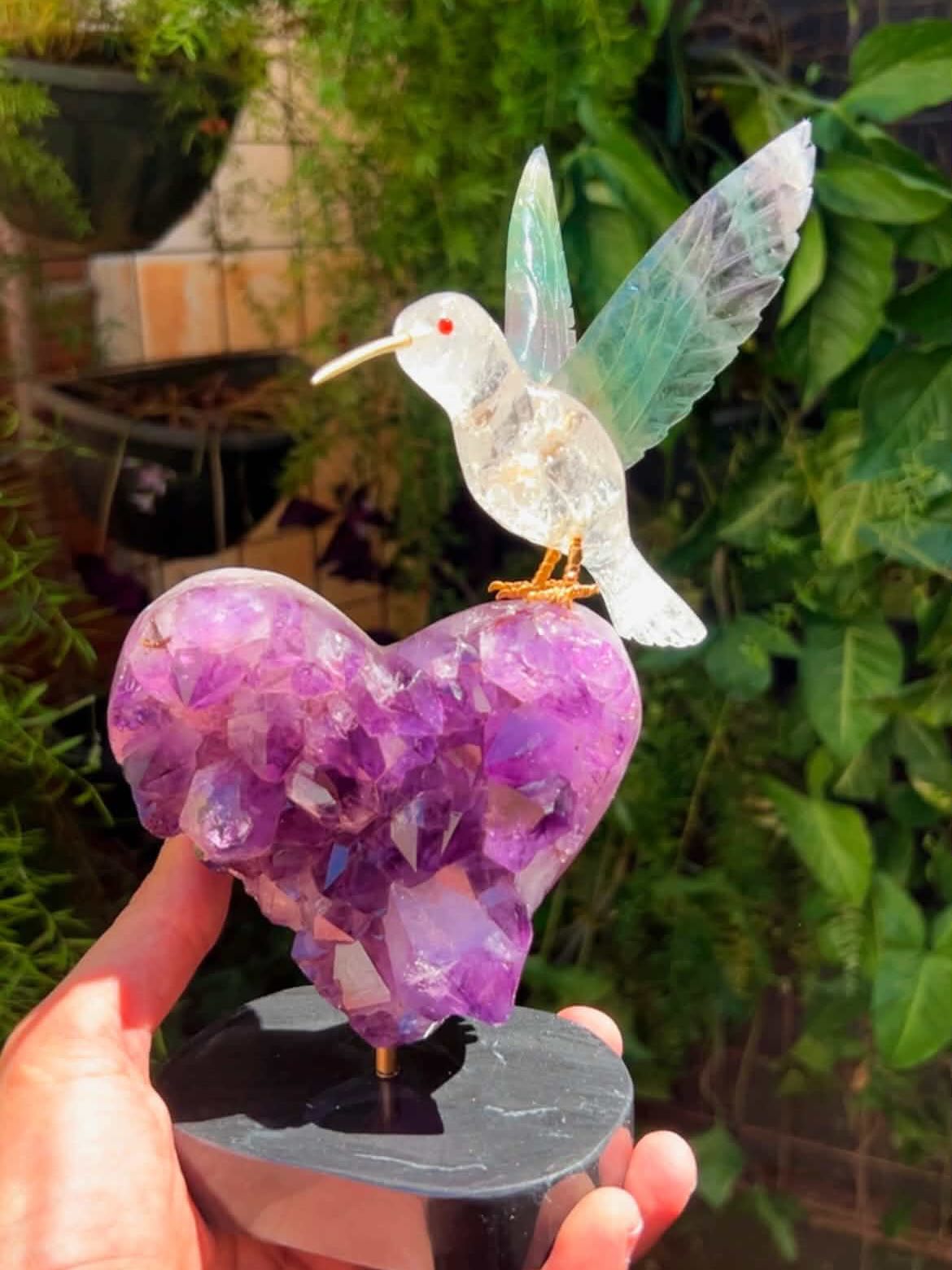 Hummingbird on Amethyst Heart — Crystal Carving