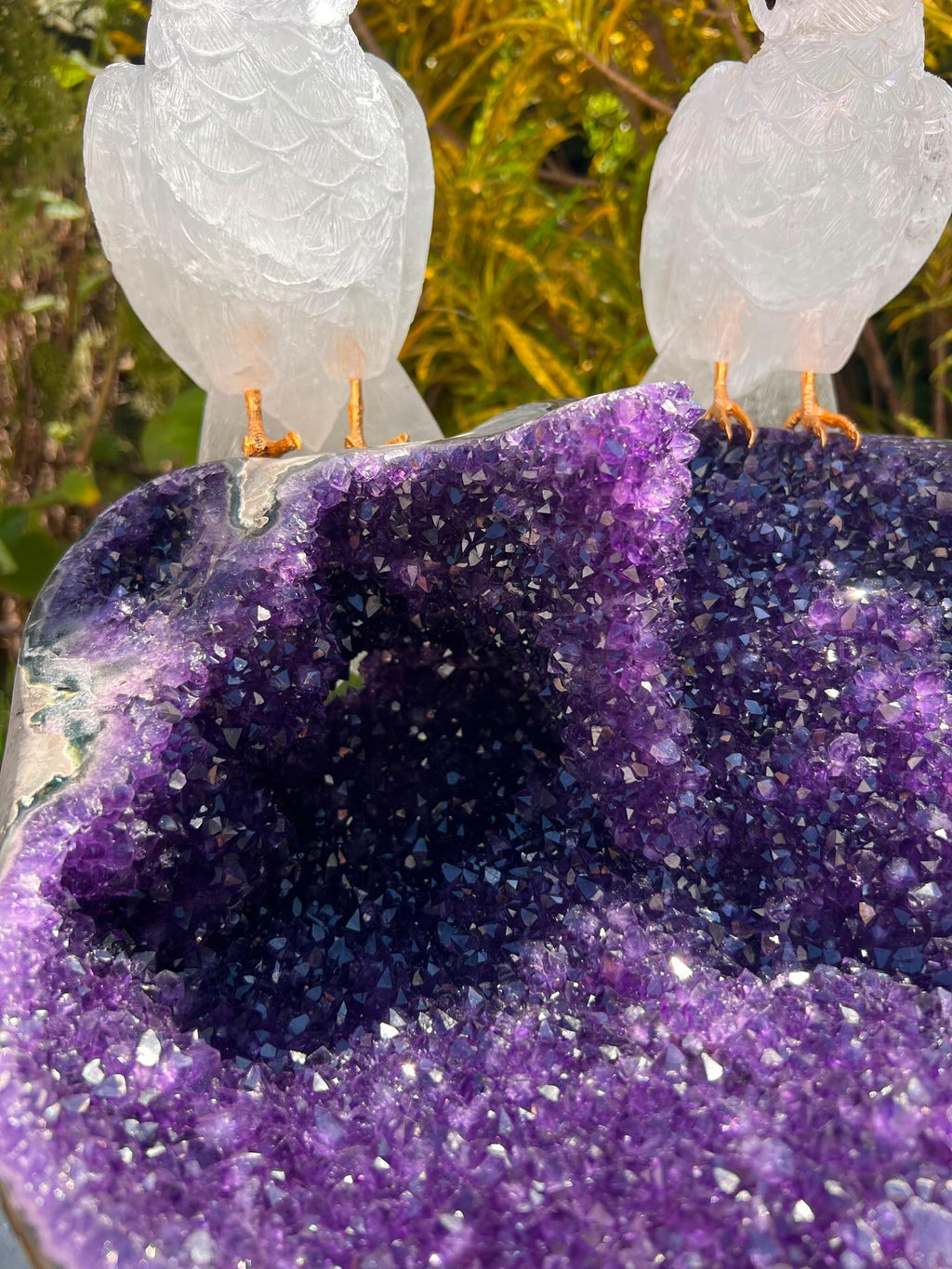 Crystal Cockatoos on Amethyst Geode Bowl — Crystal Carving