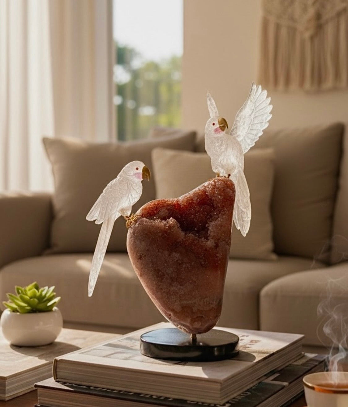 Crystal Cockatoos on Red Amethyst Geode — 45cm