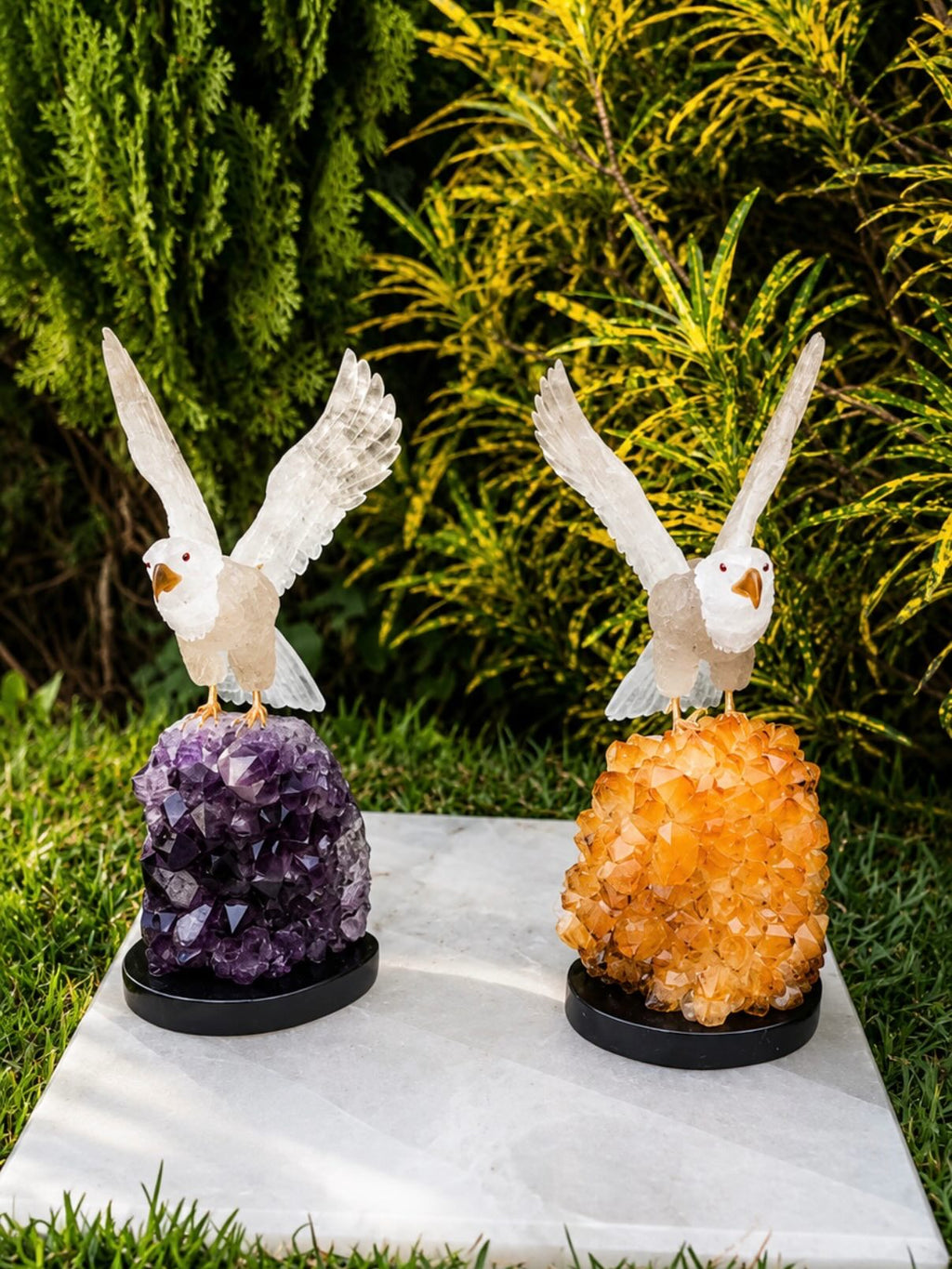 Eagle Pair on Amethyst & Citrine — Rock Crystal Carving