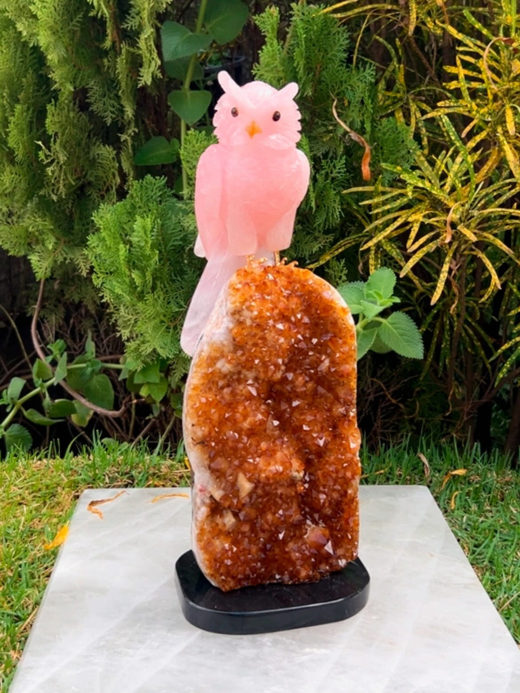 Rose Quartz Owl on Citrine Druse — Crystal Carving