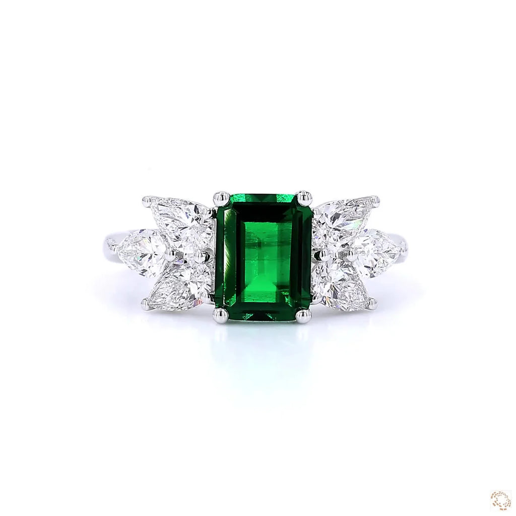 Side Stones & Lab Grown Green Emerald Diamond Ring