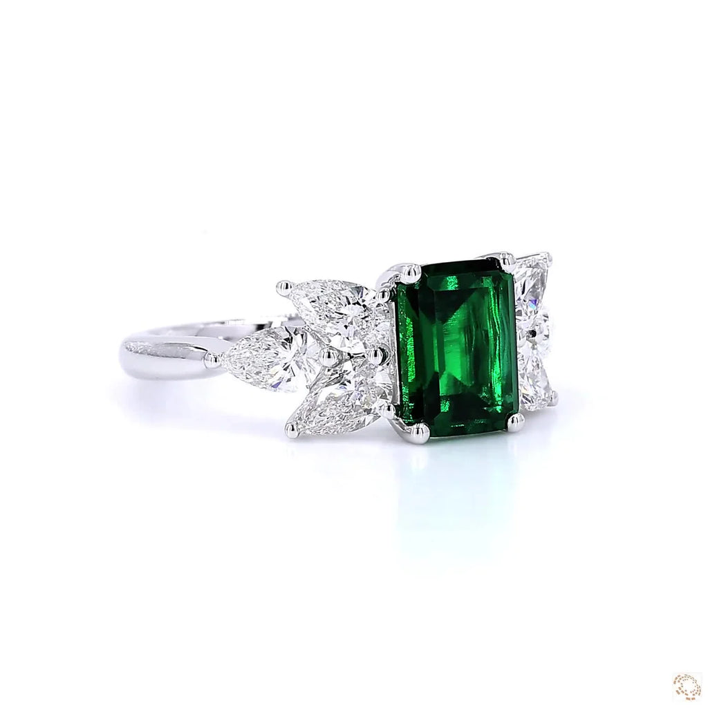 Side Stones & Lab Grown Green Emerald Diamond Ring