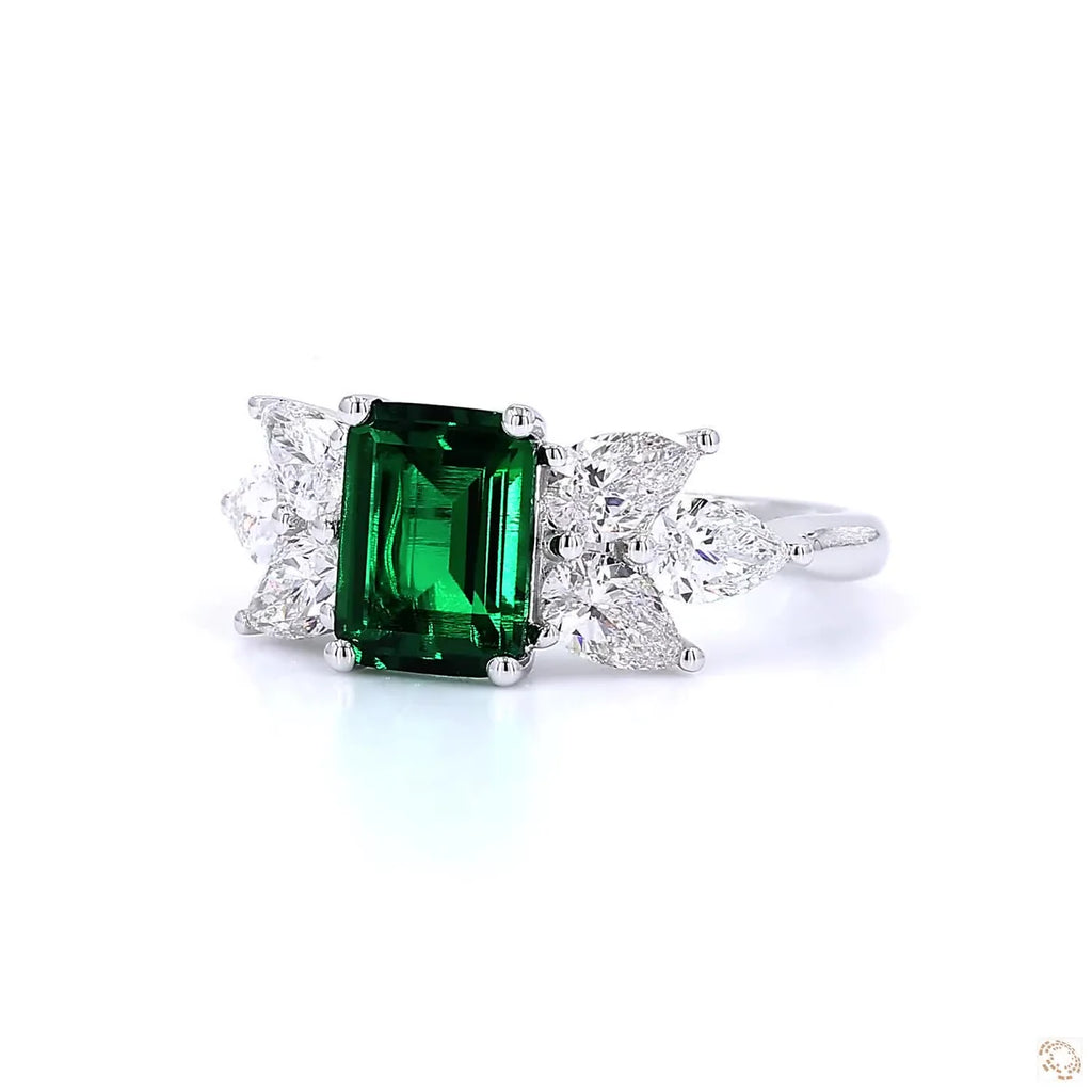 Side Stones & Lab Grown Green Emerald Diamond Ring