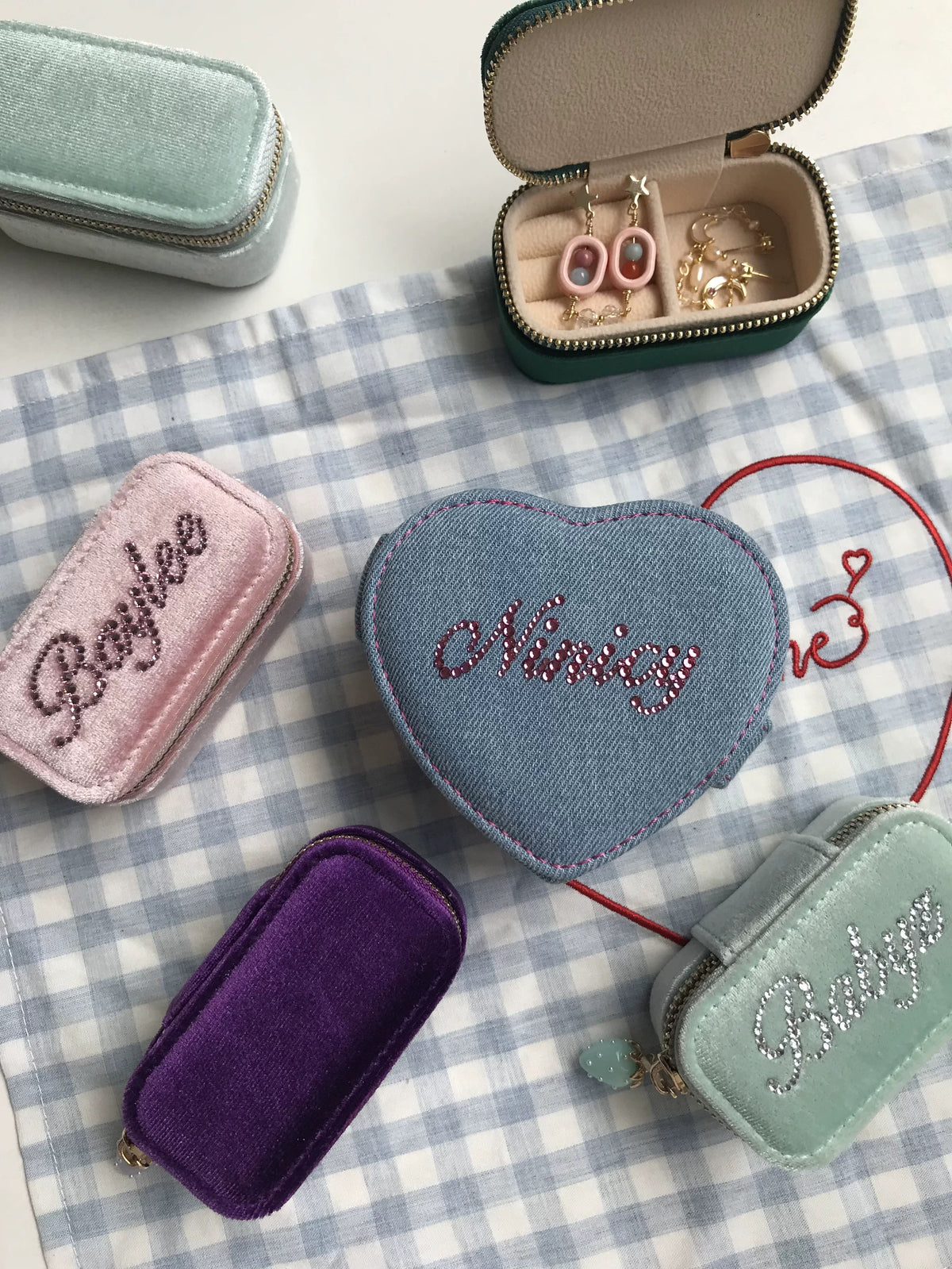 Personalized rhinestone name jewelry boxes — lifestyle