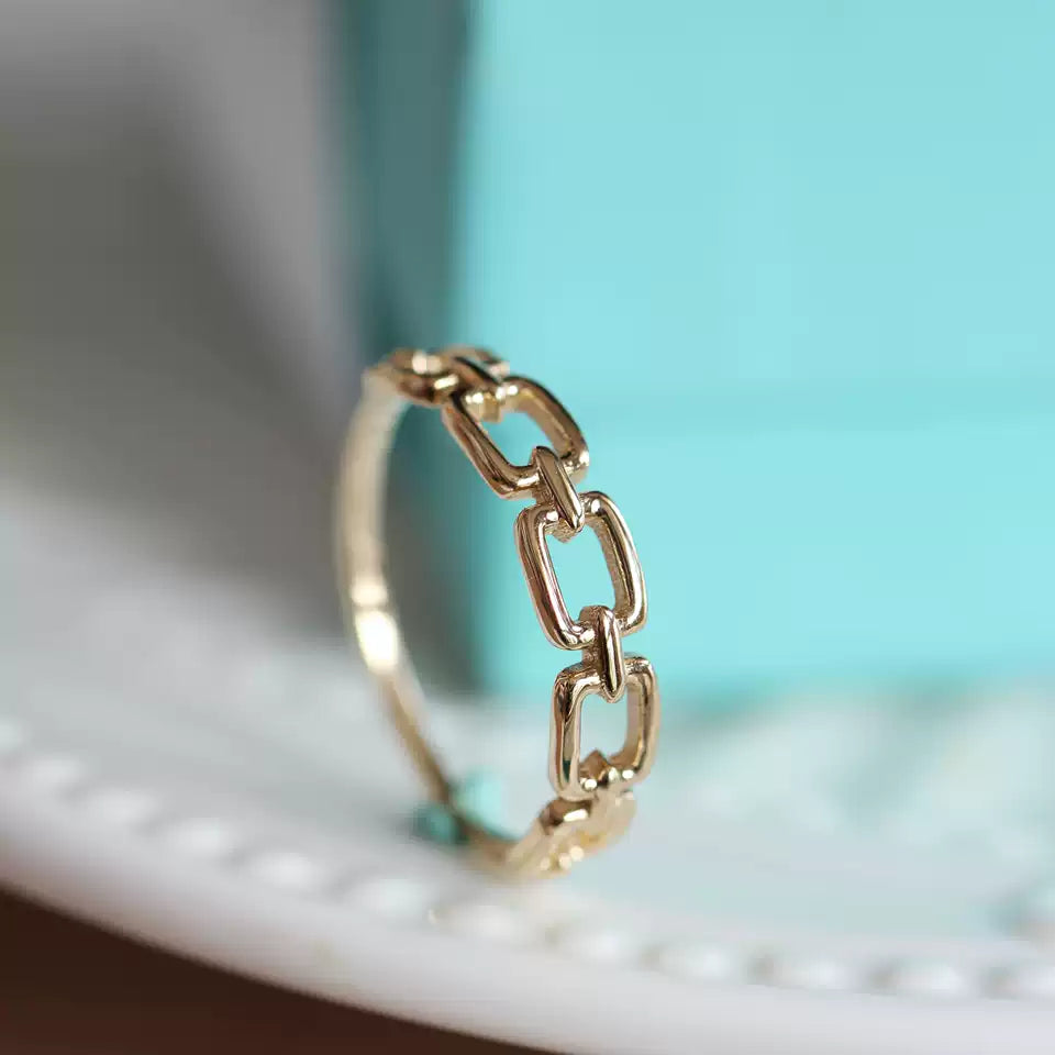 Bague · 14K金镂空链条造型戒指女 素金简约几何线条韩式指环