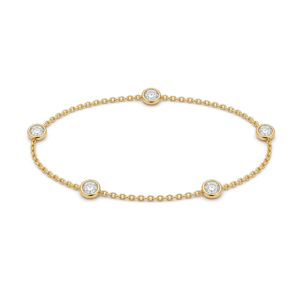 Flottlien Floating Bezel Bracelet catalog — five bezel lab-grown diamonds on yellow gold chain