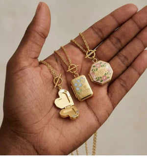 Heart Open Locket Charm — hand holding three openable MOM lockets
