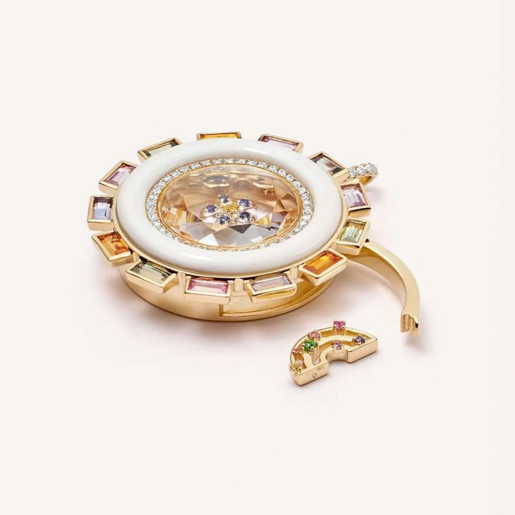 Heart Zircon Glass Locket Charm — top view open heart locket with loose charms