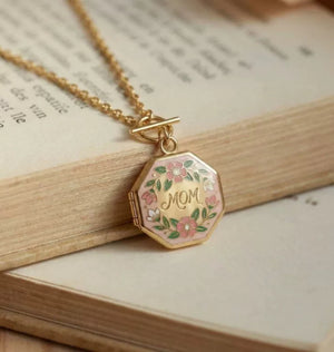 Heart Open Locket Charm — octagon MOM on book
