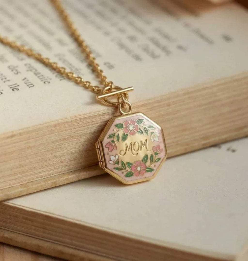 Heart Open Locket Charm — octagon MOM on book