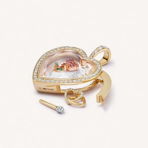 Heart Zircon Glass Locket Charm — open heart locket with rose charm inside