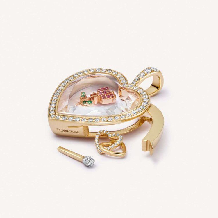 Heart Zircon Glass Locket Charm — open heart locket with rose charm inside