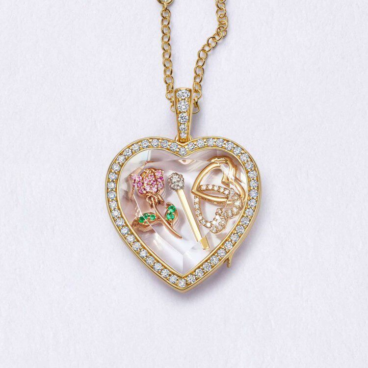 Heart Zircon Glass Locket Charm — closed heart locket filled with rose and key