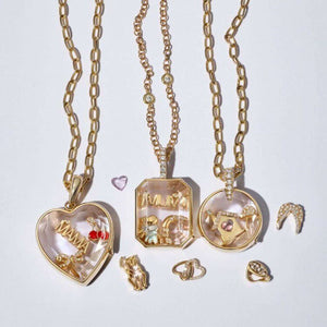 Heart Zircon Glass Locket Charm — three glass lockets with loose charms