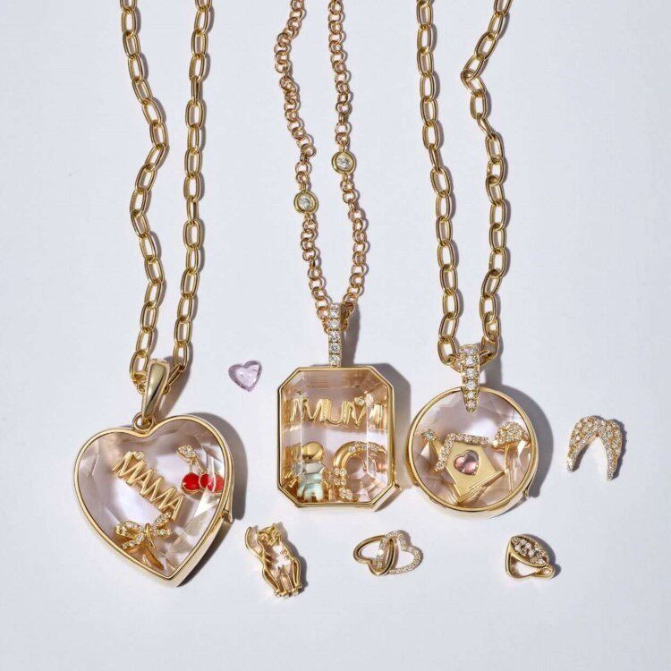Heart Zircon Glass Locket Charm — three glass lockets with loose charms