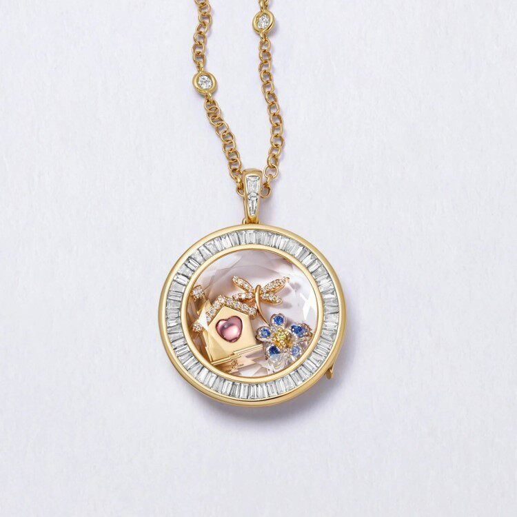 Heart Zircon Glass Locket Charm — round closed glass locket filled