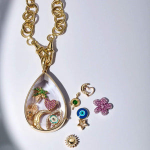 Heart Zircon Glass Locket Charm — teardrop open-glass locket with charms