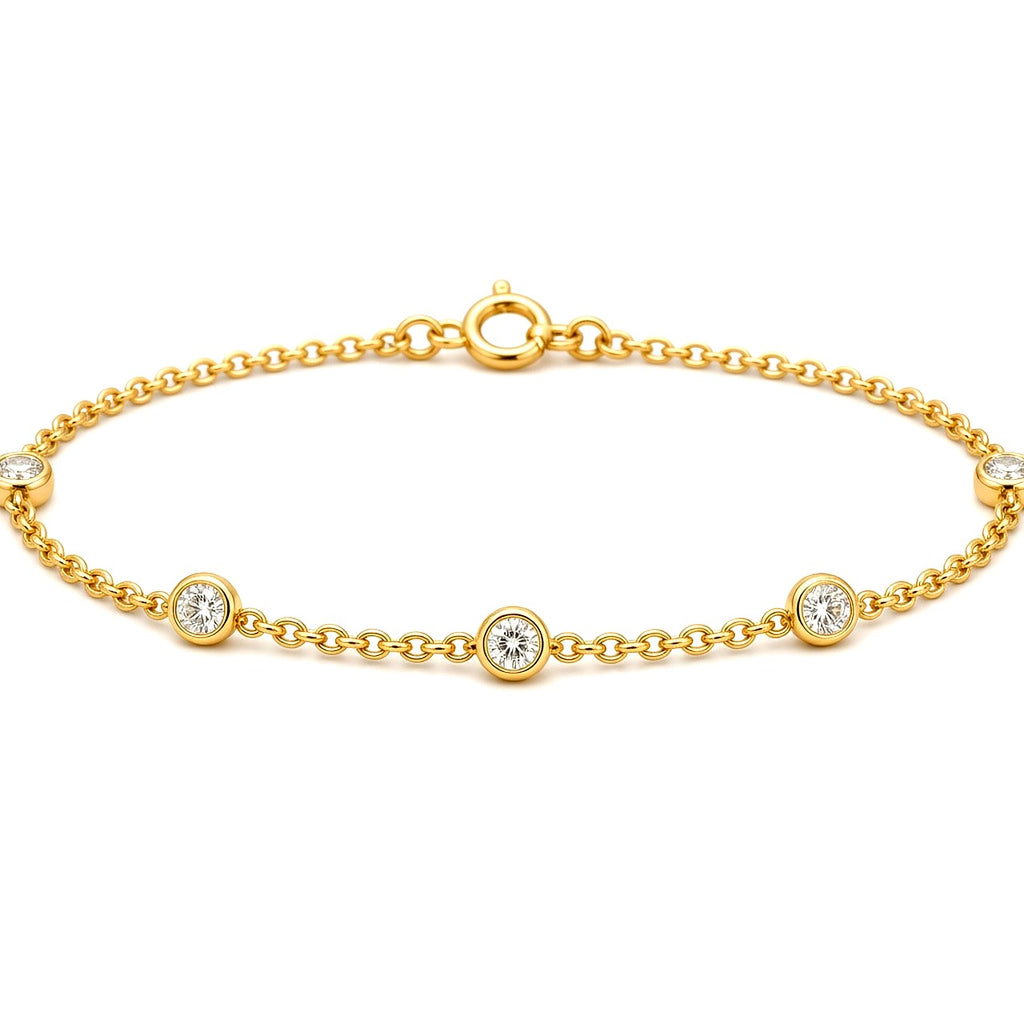 Perlueur Station Bracelet catalog — five bezel lab-grown diamonds on yellow gold chain