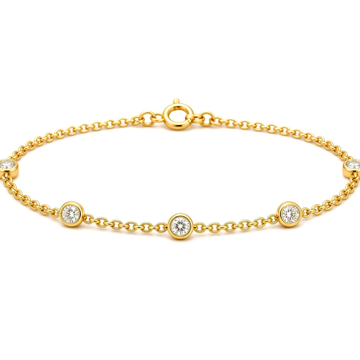Perlueur Station Bracelet catalog — five bezel lab-grown diamonds on yellow gold chain