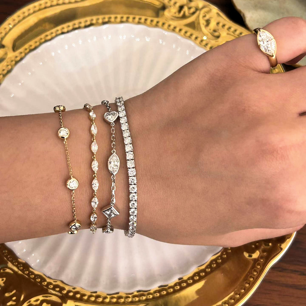 Perlueur Station Bracelet worn and stacked — everyday sparkle yellow gold lab-grown Maison Alexa