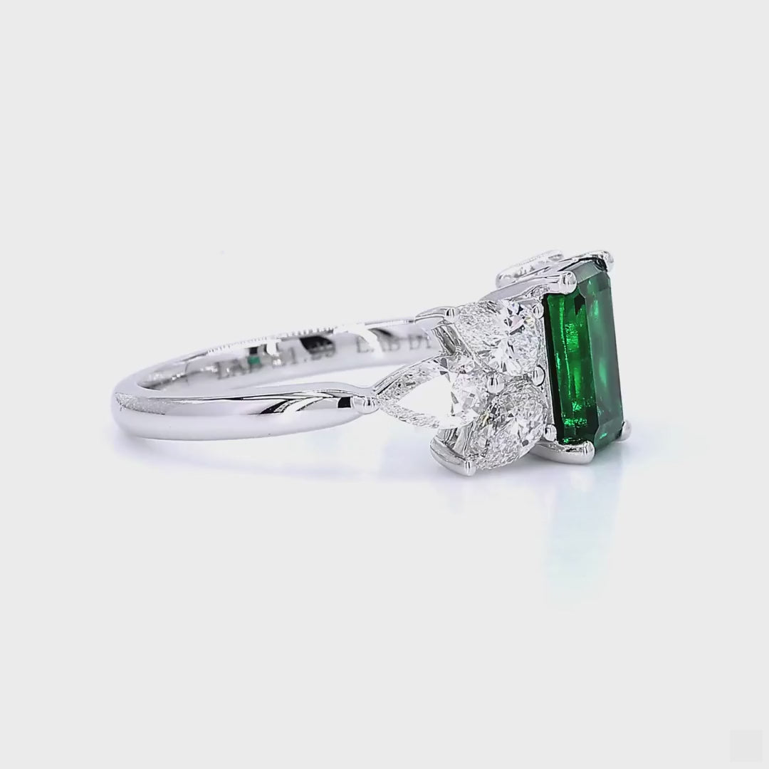 Side Stones & Lab Grown Green Emerald Diamond Ring